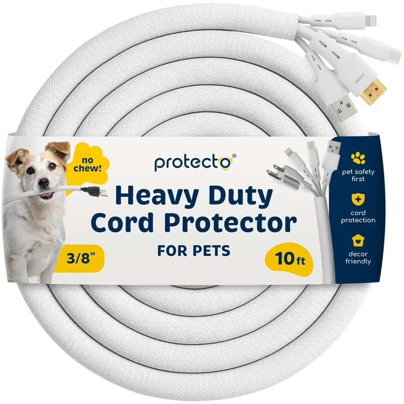 PROTECTO Heavy Duty Dog & Cat Cord Protector 10ft Long Sleeve, Easy-to-Use 3/8 in Cord Cover for Pet, Odorless White Color, No Chew Solution for Power, Audio & Video Wire Tubing, Fits 4-6 Cables