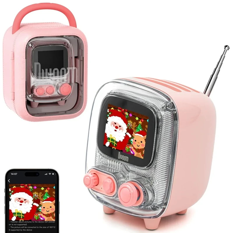 Divoom Tiivoo-2 Retro Bluetooth Speaker with FM Radio,Pixel Art Portable Mini Cute Wireless Small Speaker,Vintage Decor Suitable for Party Office Desk Home Bedroom Kitchen,Gifts for Women Men,Pink