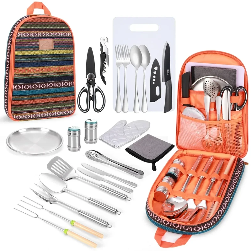 Freehiker Camping Cooking Utensils Set - Camping Essentials Accessories Gear Must Haves - Camper Tent Kitchen Equipment RV Cookware Supplies Gadgets Outdoor Stove Portable Picnic Gifts BBQ Stuff