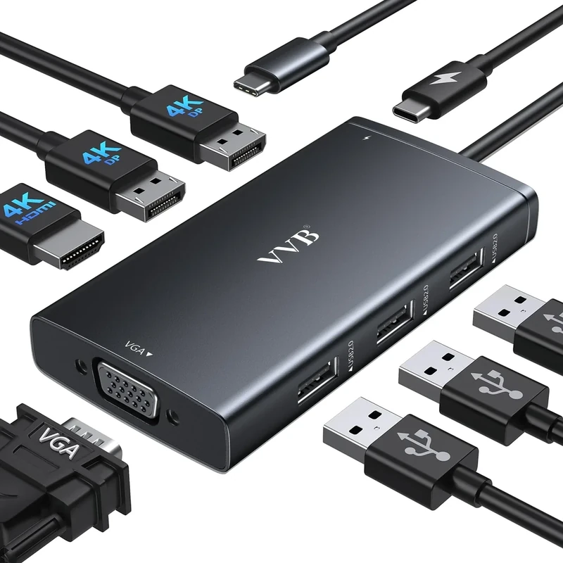 VVB USB-C 8-in-1 Docking Station DP HDMI VGA Hub, 4K & 100W PD