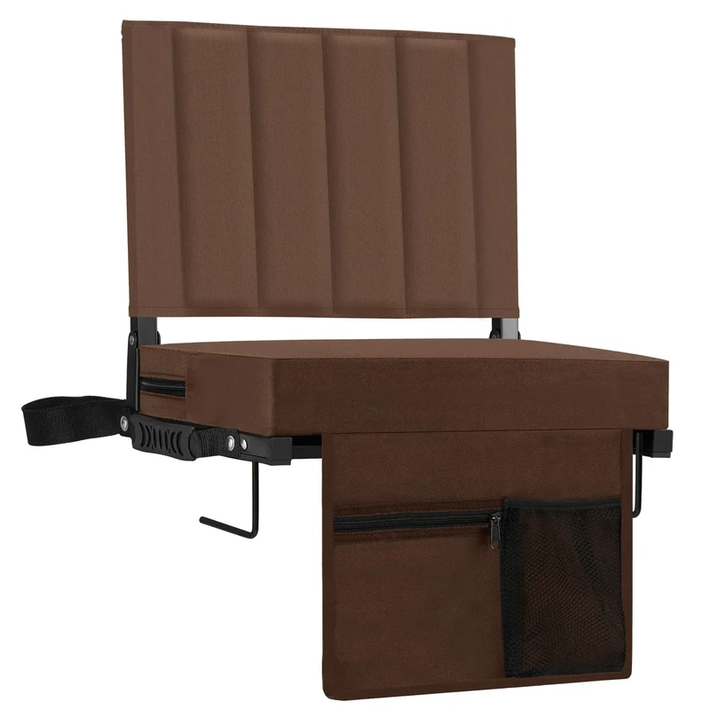 Halituny Stadium Seat for Bleachers with Back Support, Portable Bleacher Seat with Wide Comfy Padded Cushion, Metal Hook, Folding Stadium Chair with Shoulder Strap, Carry Handle, Cup Holder, Brown