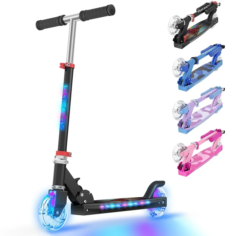 TONBUX Scooters for Kids 5-12, Kids Scooter with Cool Light Up Stem, Wheels, and Deck, 4 Level Adjustable Height Kick Scooter, Foldable and Lightweight Scooter for Kid 8-12, Black