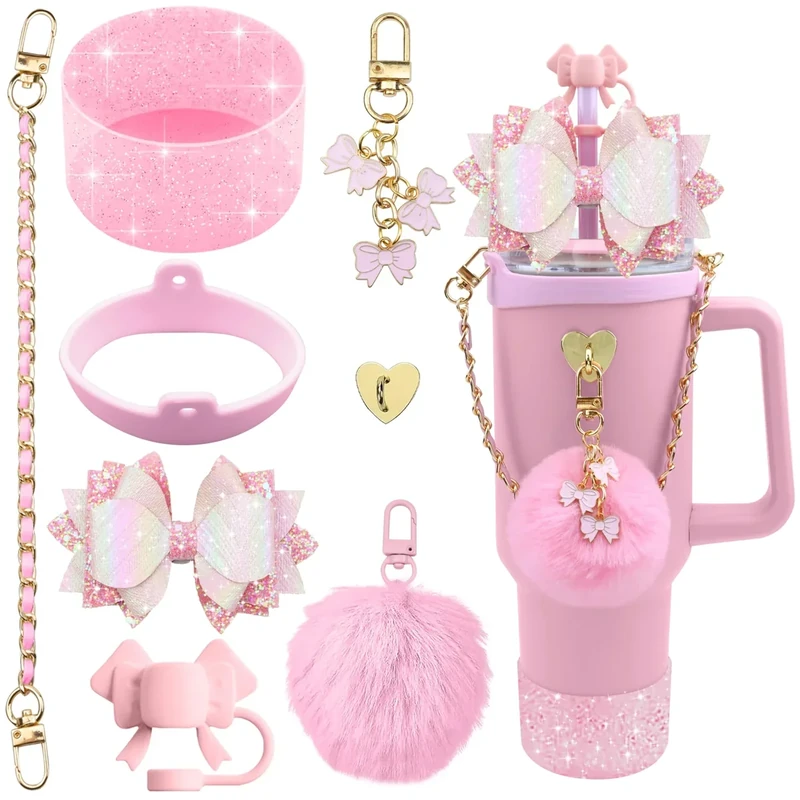 SEMATA Bling Accessories for Stanley Cup 40oz & 30oz Tumbler including Silicone Cute Bow Straw Topper Cover, Silicone Boot for Stanley Cup,Leather Water Bottle Handle Strap, Charms(Pink)