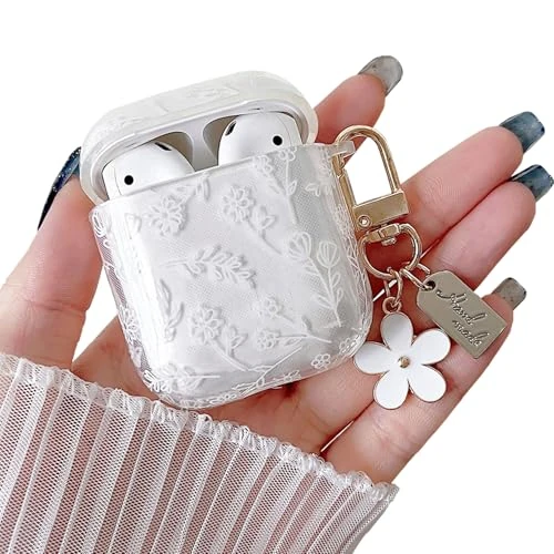 MINSCOSE Compatible with AirPod 1&2 Clear Case,Cute Flower Floral Aesthetic Design with Flowers Keychain, Soft TPU Protective Shockproof Case for Women Girl for Airpod 1&2-White