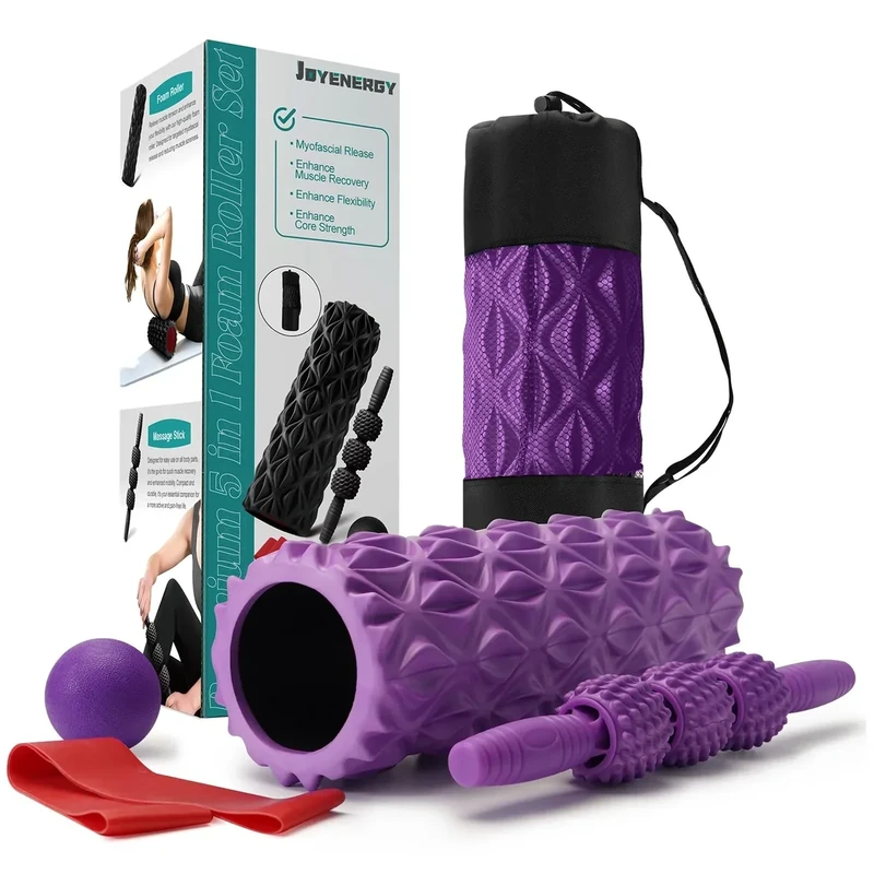 JOYENERGY 5 in 1 Foam Roller Set Trigger Point Foam Roller, Massage Roller Stick, Massage Ball, Stretching Strap for Deep Muscle Massage Pilates Yoga, Fitness Exercise for Whole Body (Purple Diamond)