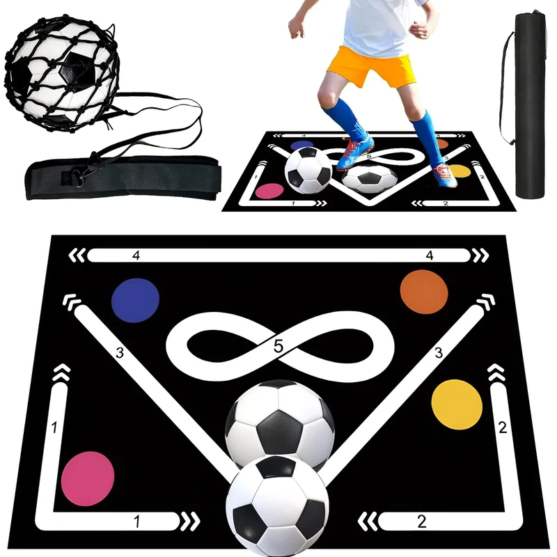 Doskona Football Footstep Training Mat, Soccer Training Mat 35 * 24IN, Soccer Skills Training Equipment with Storage Bag and Soccer Return Trainer Net (Black-white)