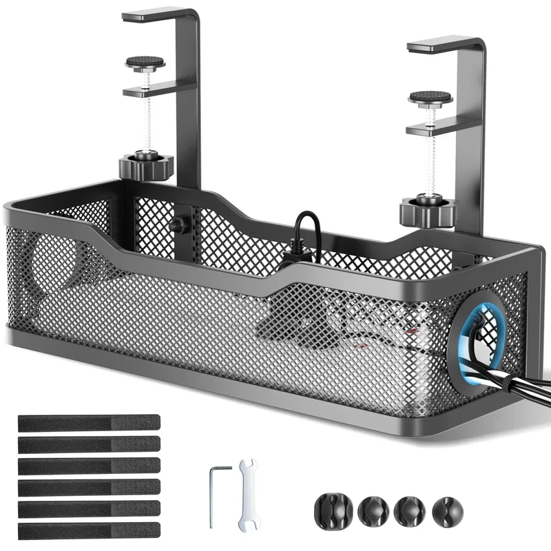 Cable Management Under Desk Tray, No Drill Cable Management Box With Clamp for Wire Organization, Cord Organizer for Office, Home - No Damage to Desk (Black)