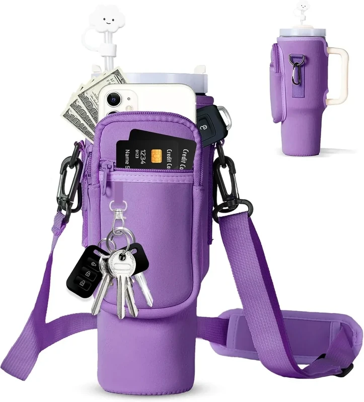 dabria Water Bottle Carrier Bag with Phone Pocket for Stanley 40/30 oz Tumbler Neoprene Water Bottle Holder Pouch with Adjustable Strap Bollus with Straw Cover for Stanley Cup Accessories