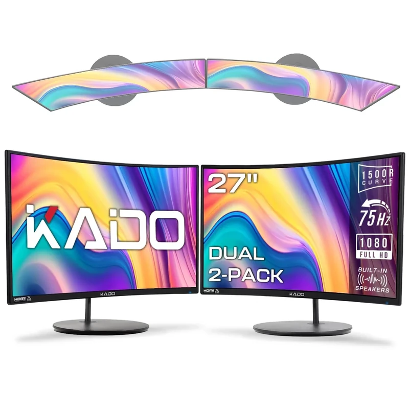 Kado C27X Dual 27" Curved 1080p Monitors - 2 Pack, 75Hz HDMI, VESA