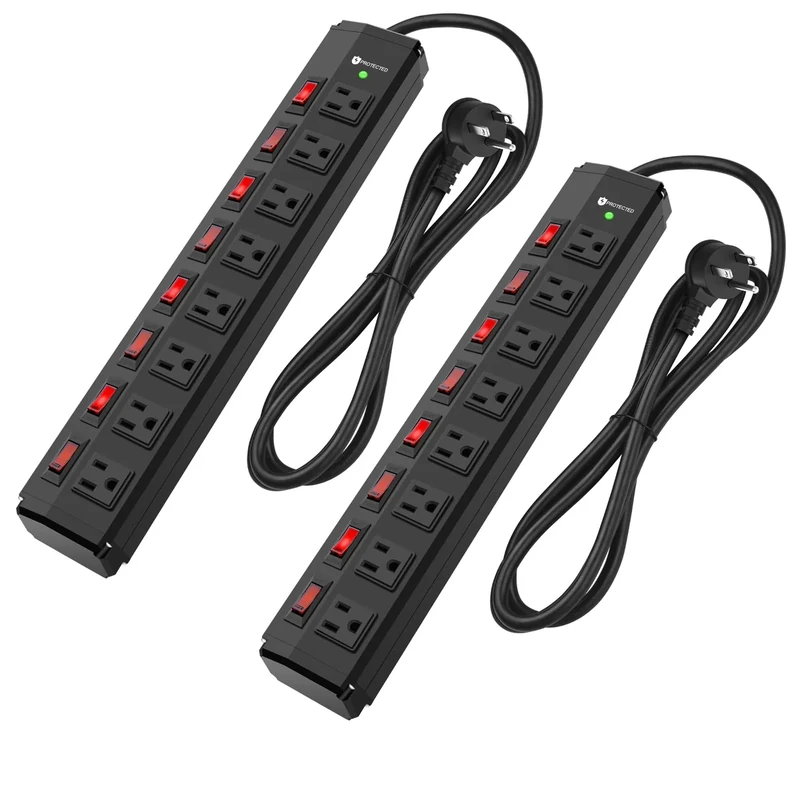 2PCS 8 Outlet Heavy Duty Power Strip with 8 Individual Switches,Moutable Metal Power Strip Surge Protector 1200 Joules,6FT 14AWG Extension Cord,15A 1800W 125V 60Hz