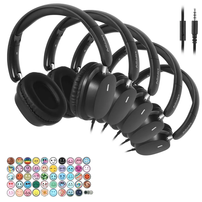 A+ Scholars Kids Headphones Bulk 5 Pack for School, HD Mic Stereo Sound Over-Ear Headphones for Classroom, Comfortable Fit, Foldable, 3.5mm Jack Wired Headphones for Kids ipad Tablets Computer Travel