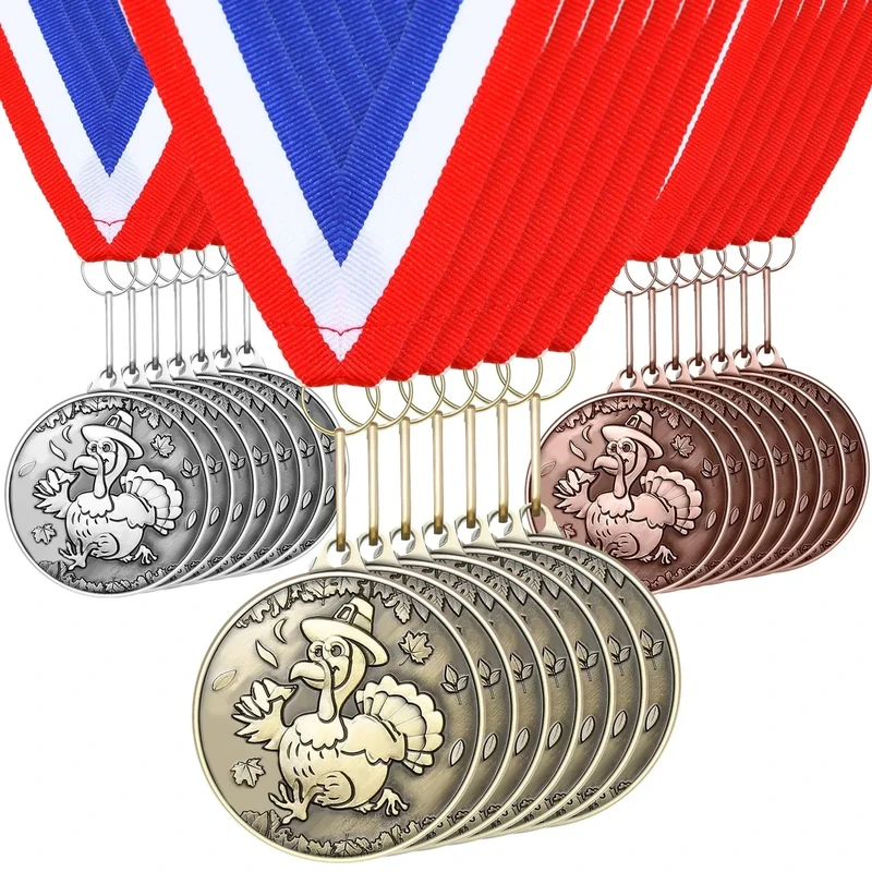 Sasylvia 30 Pcs Thanksgiving Turkey Medals Bulk 2'' Metal Turkey Trot 5k Trophy with Ribbon Leaves Wreath Race Medals Thanksgiving Awards Prizes (Novelty)