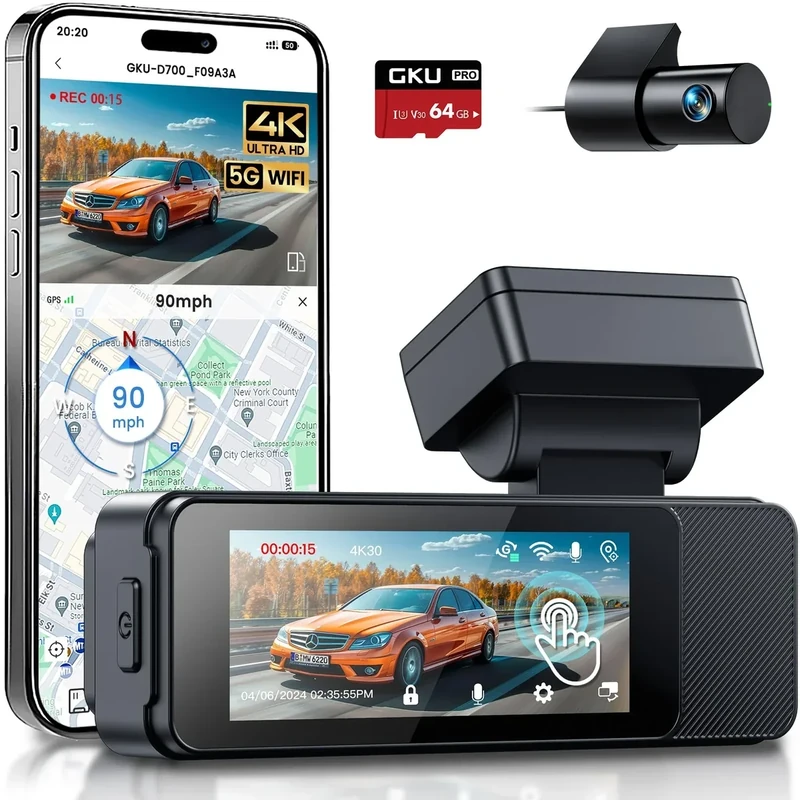GKU Dash Cam Front and Rear, Touch Screen 3.18 Inch, 4K+1080P Dashcam, Built-in 5G WiFi GPS, Dash Camera for Cars with Night Vision, WDR, 24H Parking Monitor, Supports 512GB Max (Onyx)