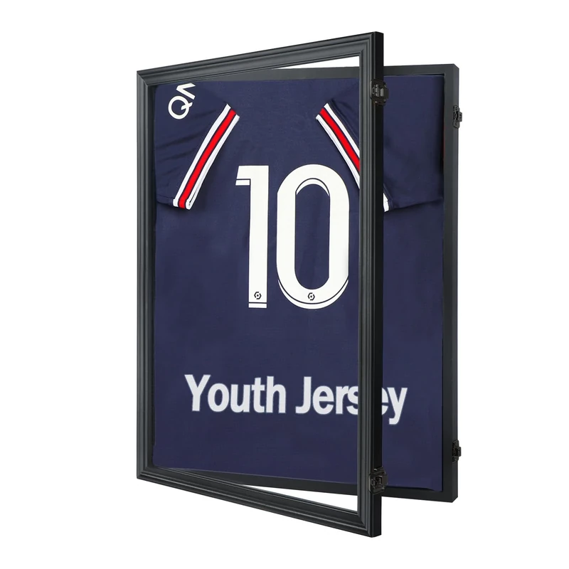 IHEIPYE Kids Jersey Frame Display Case Lockable, Sport Jersey Shadow Box with 98% UV Protection Acrylic and Hanger for Baseball Basketball Football Soccer and Uniform, Small-Black Locks