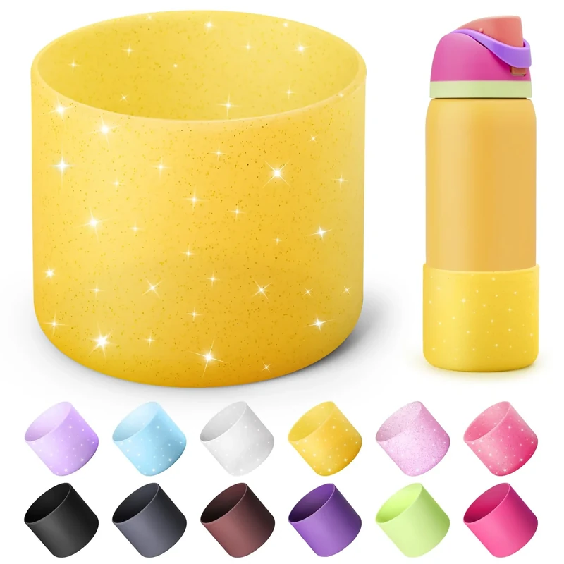 Diumepo Silicone Water Bottle Boot for Owala 32 oz, Anti-Slip Protective Sleeve for Owala Twist & FreeSip & Flip Stainless Steel Water Bottle, Boot Bottom Base for Owala (Glitter Yellow)
