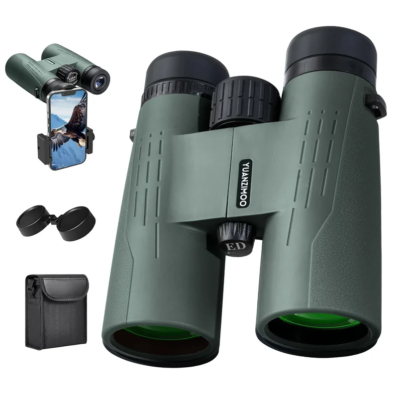 12x42 HD Binoculars for Adults High Powered Binoculars with Upgraded Phone Adapter Waterproof Compact Binocular with Low Light Night Vision for Bird Watching Hunting Outdoor Sports Concerts Green