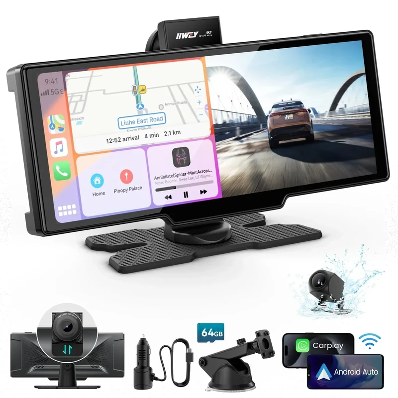 IIWEY 10" Portable Screen - Apple CarPlay & Android Auto, 4K Dash Cam
