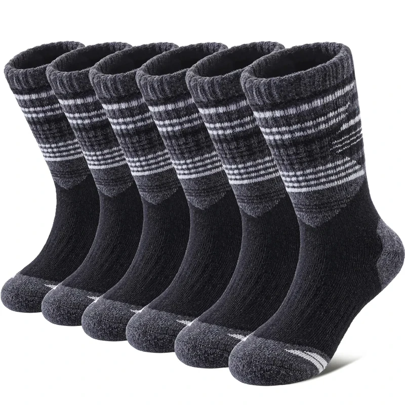 Yebing Kids Merino Wool Hiking Socks Boys Girls Toddlers Winter Warm Thermal Thick Cushion Boot Crew Gift Socks 6 Pairs Splicing Black,4-7 Year Old