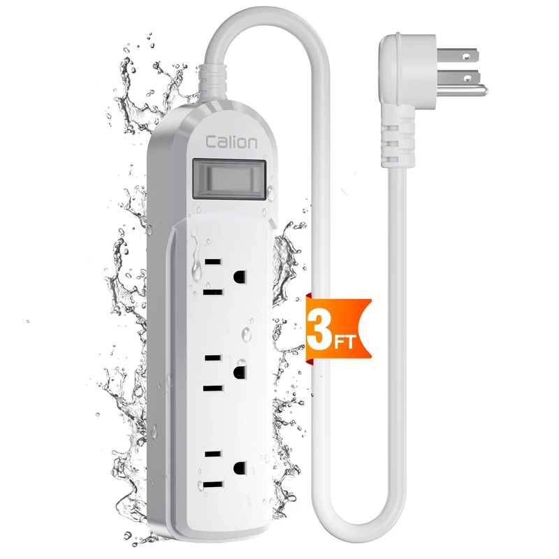 White Outdoor Power Strip Weatherproof,3 FT Short Waterproof Extension Cord,Surge Protector with 3 Wide Outlets, 16AWG,1875W/15Amps, Shockproof Outlet Extender for Kitchen,Patio,Garden Lighting