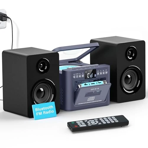 Greadio Stereo Shelf Systems Boombox CD and Cassette Player Combo, Bluetooth Home Stereo with FM Radio/USB/TF/AUX/Remote Control, Boombox CD Player（Dutch Blue