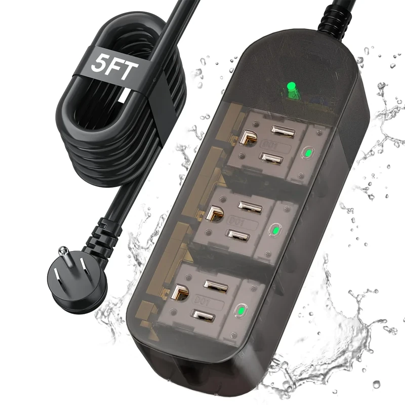 ZZJ IPX6 Waterproof Power Strip 3 Wide Outlets, 1625W, 5FT Cord, UL/FCC