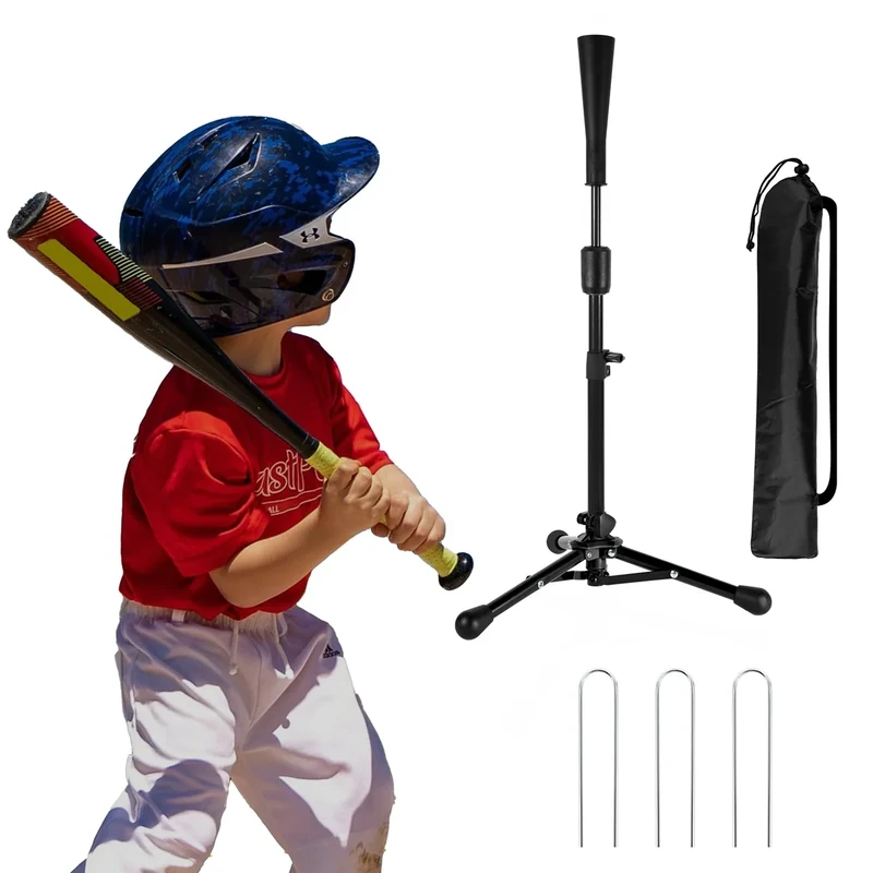 Wiseek 23.5 to 39.76 Inches Baseball Tee for Kids, Batting Tees with Carry Bag&3 Pcs Ground Nails, Portable Stable Tanner Tee, Baseball Training Equipment Aged 5-12, Softball Tee for Hitting (Black)