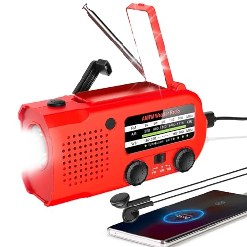 QAUYYW NOAA Emergency Weather Radio, 5000mAh Weather Alert Radio Solar Charging, Hand Crank & USB Charged, AM/FM Radio with LED Flashlight, Reading Lamp, SOS Alarm, Headphone Jack for Outdoor