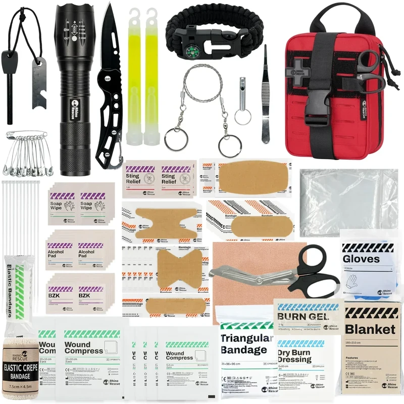 RHINO RESCUE Survival First Aid Kit, Emergency Kit Molle Pouch IFAK Medical Kit for Vehicles Car Camping Backpacking Hiking Hunting Red