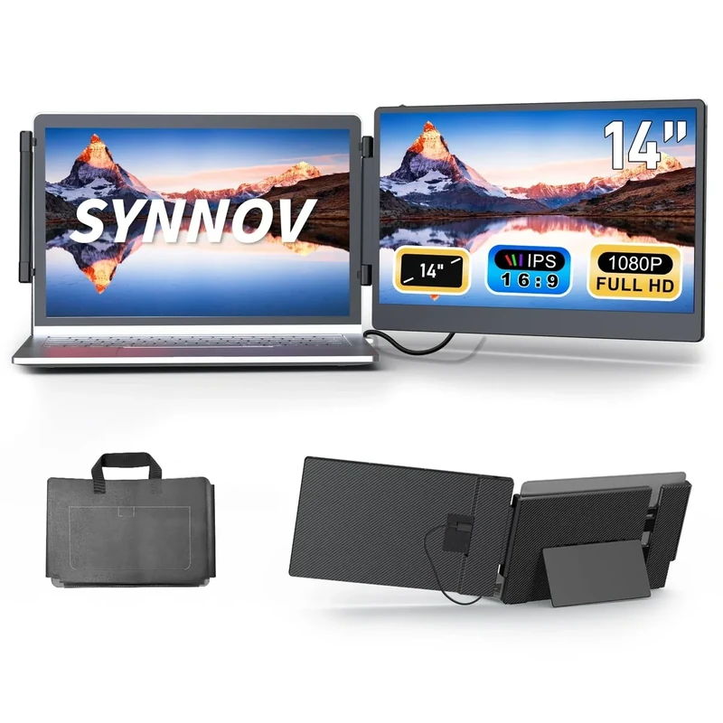 Synnov Laptop Screen Extender, 14" FHD 1080P Portable Monitor for 13"-16.5" Laptop with Stand, Dual Monitors Built-in Speakers, Plug & Play, Monitor Extender for MacOS/Wins/Chrome/Dex
