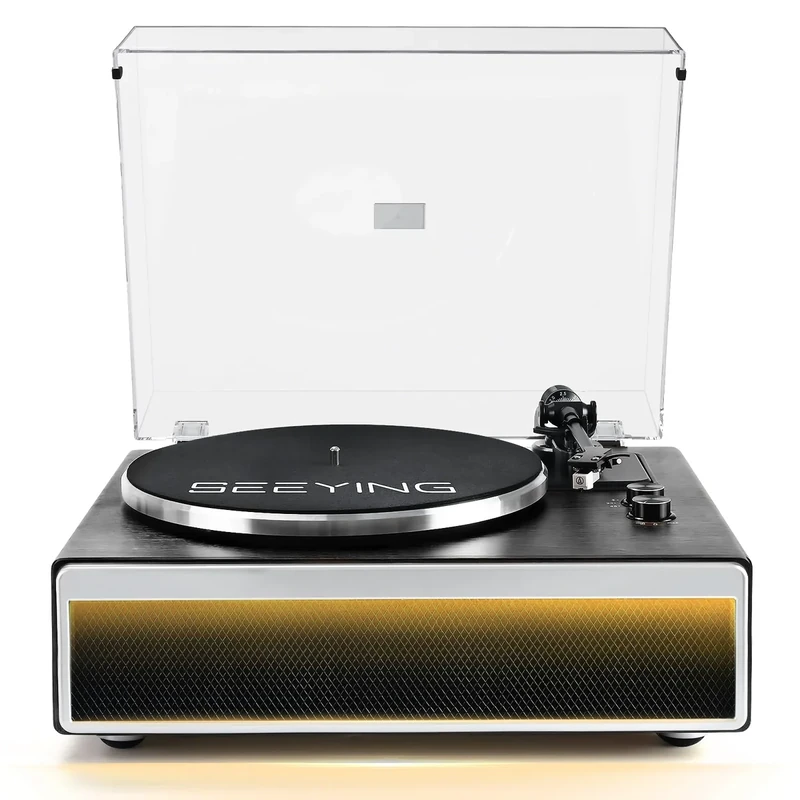 SeeYing Vinyl Record Player with Built in Stereo Speakers Bluetooth Turntable for Vinyl Records with Magnetic Cartridge Belt Drive 2-Speed Hi-Fi System with Phono Preamp, Aux-in and Warm Light Design