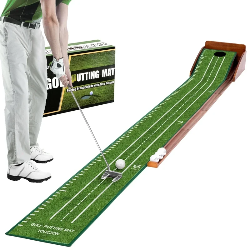 YOUCZON Putting Green Indoor,Golf Putting mat– Portable & Easy to Assemble, Automatic Ball Return, Wrinkle-Free Natural Rubber Mat, Solid Wood Construction for Golfers