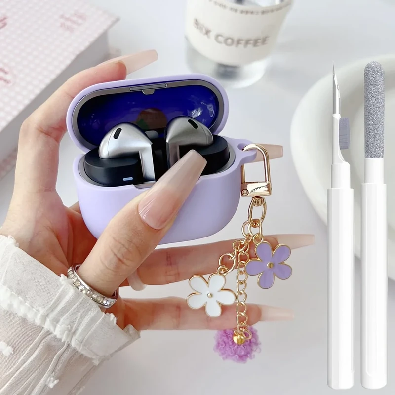 Cute Purple Case for Samsung Galaxy Buds 3/3 Pro/3 FE Cover for Girl Women with Pom pom Flower Keychain & Cleaner Pen, Soft Silicone Galaxy Bud Pro 3/Buds3/Bud 3 FE Protective Cover Skin