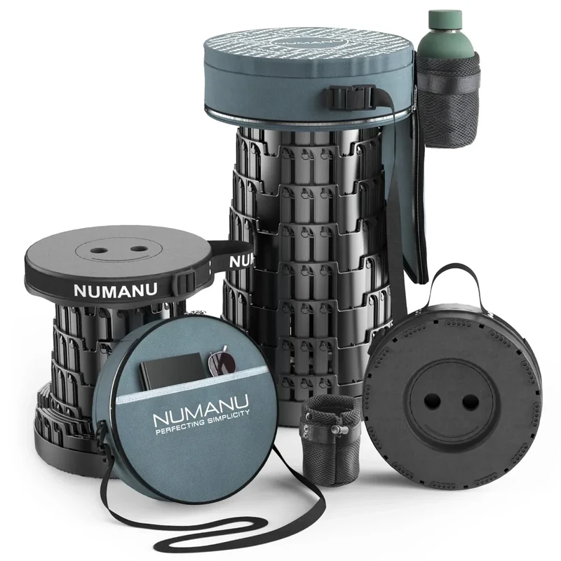NUMANU 2025 Upgraded Collapsible Stool & 3IN1 Cushioned Carry Bag, 2.5"-18" Height Adjustable Max 620lbs, Portable Retractable Telescoping Seat, Foldable Camping Stool or Footrest for Adults (Round)
