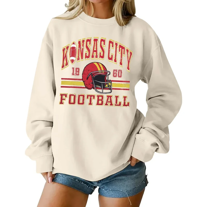 MOUSYA Football Sweatshirts Women Game Day Sweatshirt Game Day Fan Gift Long Sleeve Tops Apricot
