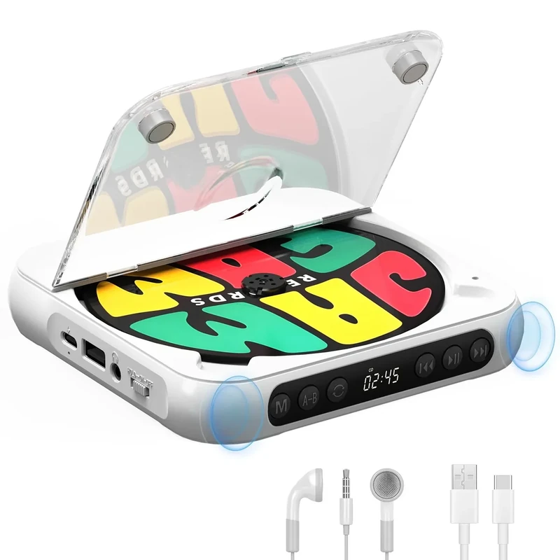 SKYANS CD Player Portable with Built-in Speaker, Bluetooth Rechargeable CD Player for Home & Car, Personal Small Music Player Supports CD/USB/AUX, Includes Headphones & Type-C Cable, White