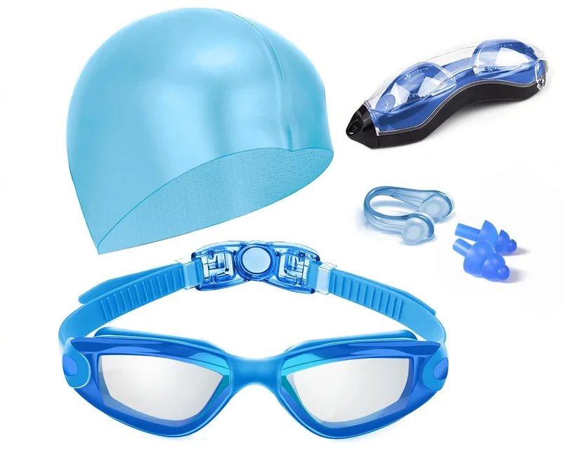 Hurdilen Swim Goggles Swimming Goggles No Leaking with Nose Clip, Earplugs, Swim Cap and Case for Men Women