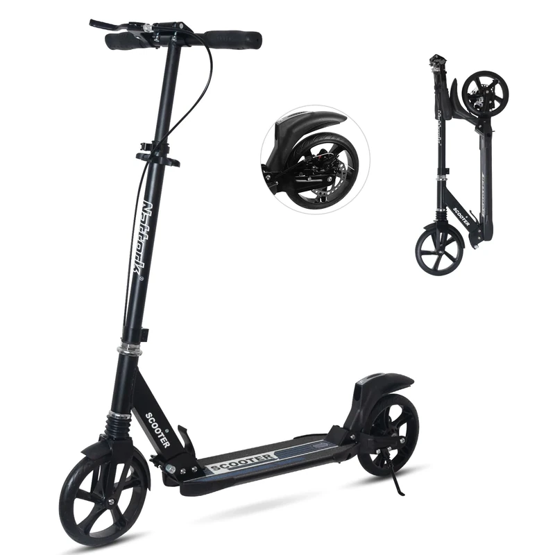 Nattork Scooter for Adults and Teens- Adjustable Height Folding Kick Scooter with Large Sturdy Wheels for a Smooth Ride, Lightweight, Commuter Adult Scooters with Hand Brake,Shock Absorption-Black