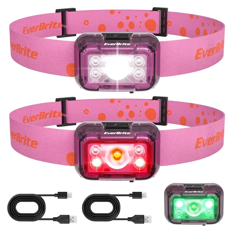 EverBrite Rechargeable Headlamp, 2 Pack Kids Headlamp with White/Red/Green Light and Memory Function, Head Lamp for Adult and Kid with 5 Modes, 120° Adjustable LED Headlamp for Camping, Running-Pink
