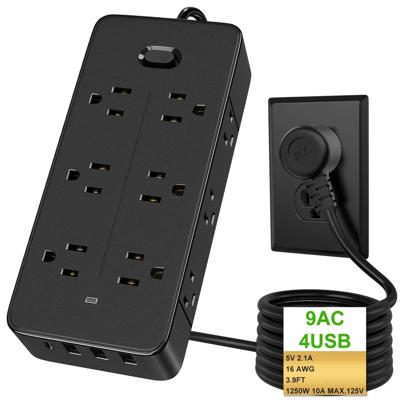 Power Strips with Surge Protection, Extension Cord with Multiple Outlets (9 AC +4 USB), 1250W/10A, Black Power Strip USB for Home Dorm Travel Office