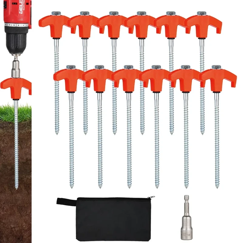 12 Pack Screw in Tent Stakes Heavy Duty,8 Inch Ground Anchors Screw in,Metal Stakes with Hex Head Driver,Camping Tent Accessories.(Orange)