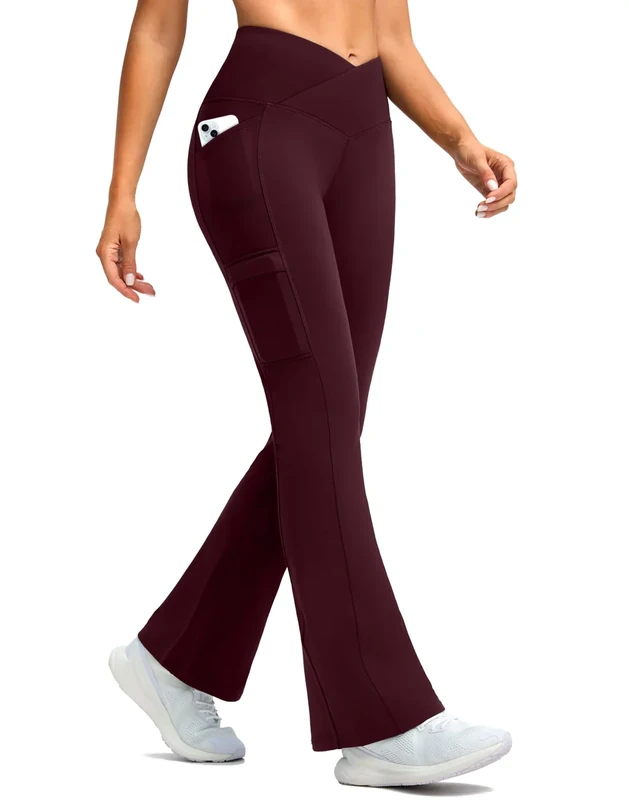 G Gradual Women's Fleece Lined Pants Water Resistant Winter Thermal Flare Leggings Hiking Snow Pants for Women 4 Pockets(Wine 31-M)