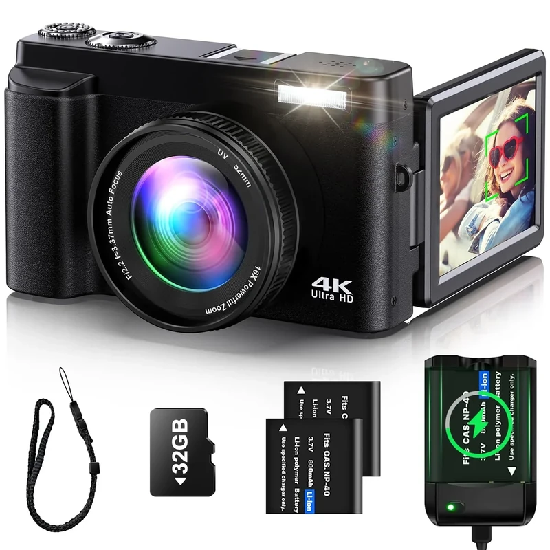4K Digital Camera for Photography Auto-Focus Vlogging Camera for YouTube Video with 3'' 180° Flip Screen 16X Anti-Shake 4K Camera Compact Cameras with SD Card, Flash, 2 Batteries