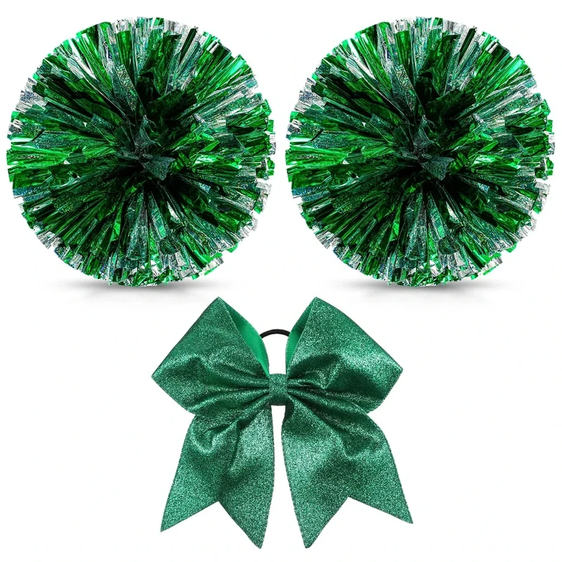 Hanaive 3 Pcs Cheerleading Pom Poms and Large Cheerleader Hair Bow Metallic Cheer supplies for Team Spirit Sports Dance Cheering(Silver Green,Glitter)