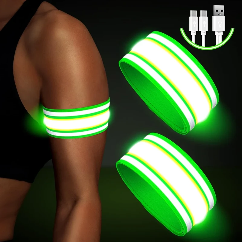 Light Up LED Armband for Running Walking at Night,Reflective Arm Bands for Runners,Rechargeable Jogging Lights,High Visibility Night Running Safety Gear Adjustable Running Women Men Kids (Green)