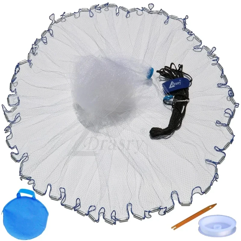 Drasry Saltwater Fishing Cast Net 3/8 inch Mesh Size for Bait Shrimp Trap Fish Heavy Duty Throw Net 3FT to 12FT Radius 10FT Radius 0.66LB/ FT