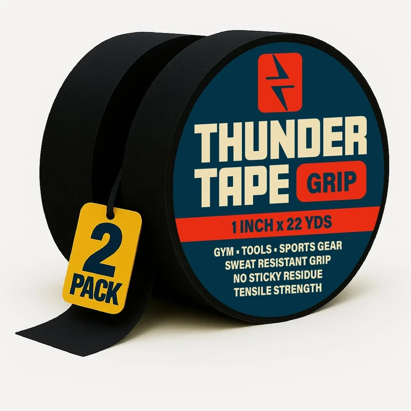 Thunder Tape 2 Pk Grip Tape - Cloth Grip Tape for Pull Up Bars, Sports, Tools, Handles, Bats, Rackets, Gym Equipment, Wire Wrap - No Residue, Sweat Resistant, 1 Inch x 66 Feet Each Roll - Black