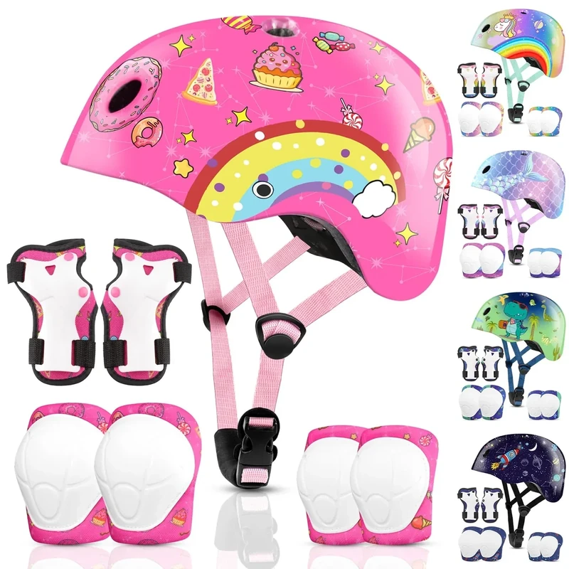 Vvinca Kids Toddlers Bike Helmet Adjustable for Ages 3-5-8 Years, Knee Pads and Elbow Pads Set Wrist Guard Sports Protective Gear Set for Roller Skate Bicycle Skateboard Scooter Girls Birthday Gift
