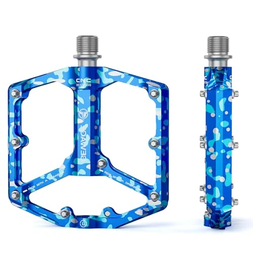 GEWAGE Road Bike Mountain Bike Pedals - 3 Bearing Bicycle Pedals - CNC Machined 9/16" Flat Pedals with Removable Anti-Slip Nails (Blue Camouflage)