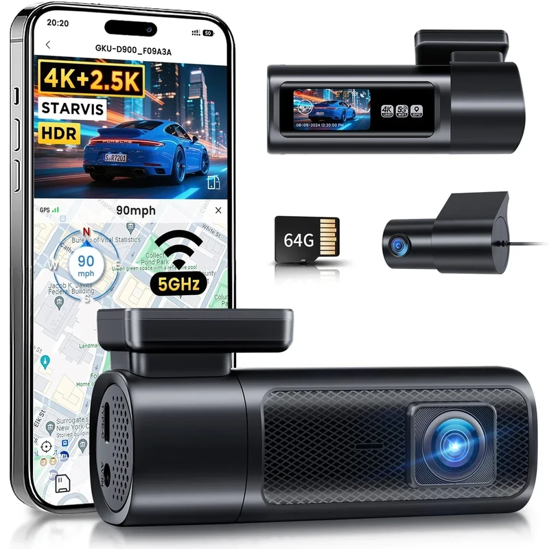 GKU Dash Cam Front and Rear, 4K 60fps＋2.5k Dashcam,STARVIS Sensor, HDR, 5G WiFi GPS, 24H Parking Mode, Night Vision, 170°Wide Angle, Dash Camera for Cars with 1.47 Display, 64G SDcard (Midnight)