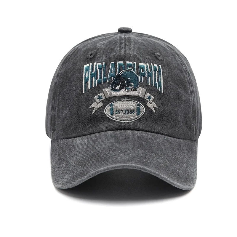 Embroidered City Hat Vintage Washed Denim Football Hats for Men Women, Unisex Adjustable Cotton Fans Baseball Cap